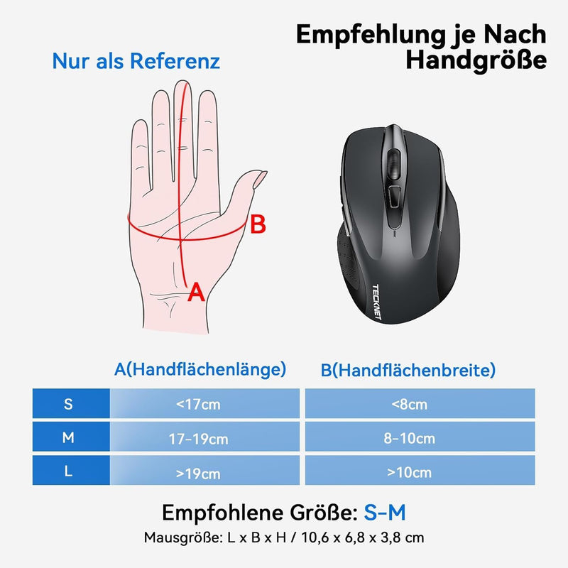 TECKNET Bluetooth Maus, Wiederaufladbare Maus Kabellos(DREI Modi: BT 5.0/3.0 + 2.4G), 4800 DPI, Ergo