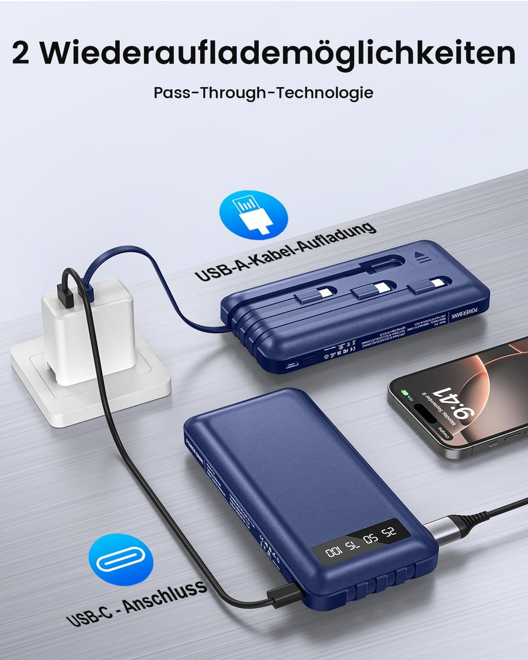 Powerbank 26800mAh mit 4 Integrierten Kabel, 22.5W Power Bank USB C Schnellladefunktion mit LED Disp