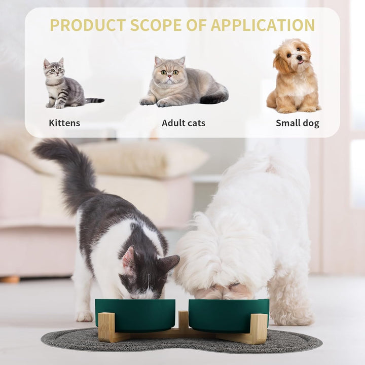 Katzennapf, 2 Stück Keramik Futternapf Katze Set, 3-in-1 rutschfeste Katzennäpfe mit Holzstände und