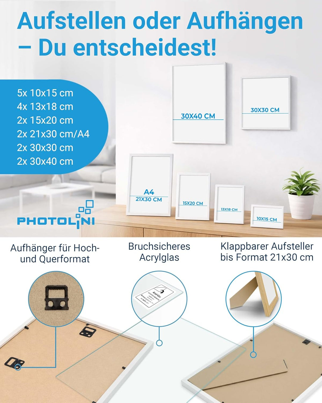 PHOTOLINI weisse Bilderrahmen Set verschiedene Grössen, 17 Bilderrahmen weiss Holz MDF, Bilder Rahme