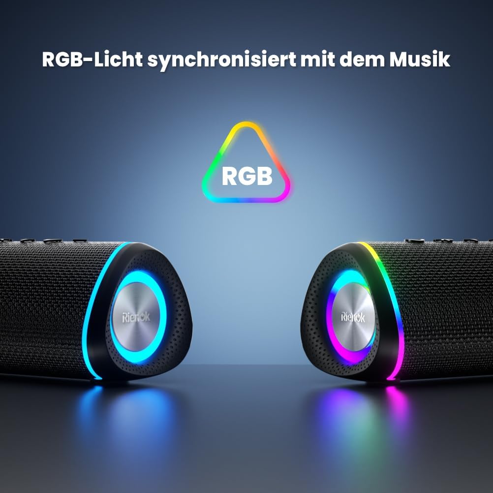 RIENOK Bluetooth Lautsprecher 30W Musikbox 5.3 mit RGB Licht Tragbarer Musik Box IPX5 Wasserdicht Sp