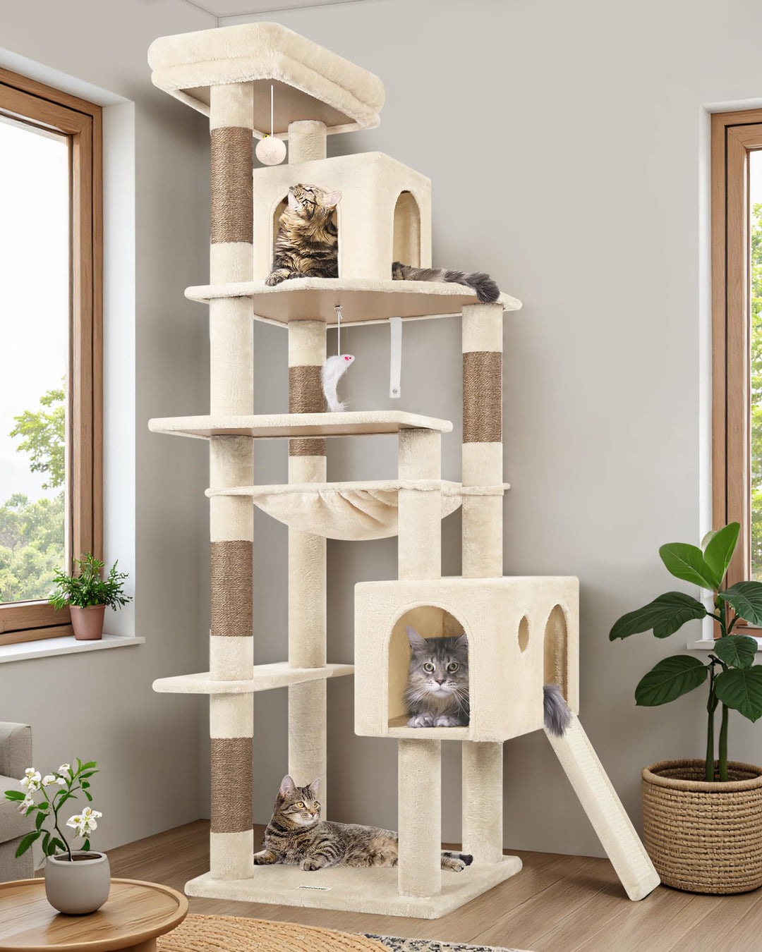 Globlazer Kratzbaum Beige Grosse hoch 178 cm mit Grosser Hängematte 43 * 36CM, 2 Katzenhaus, Gepolst
