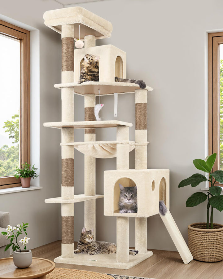 Globlazer Kratzbaum Beige Grosse hoch 178 cm mit Grosser Hängematte 43 * 36CM, 2 Katzenhaus, Gepolst