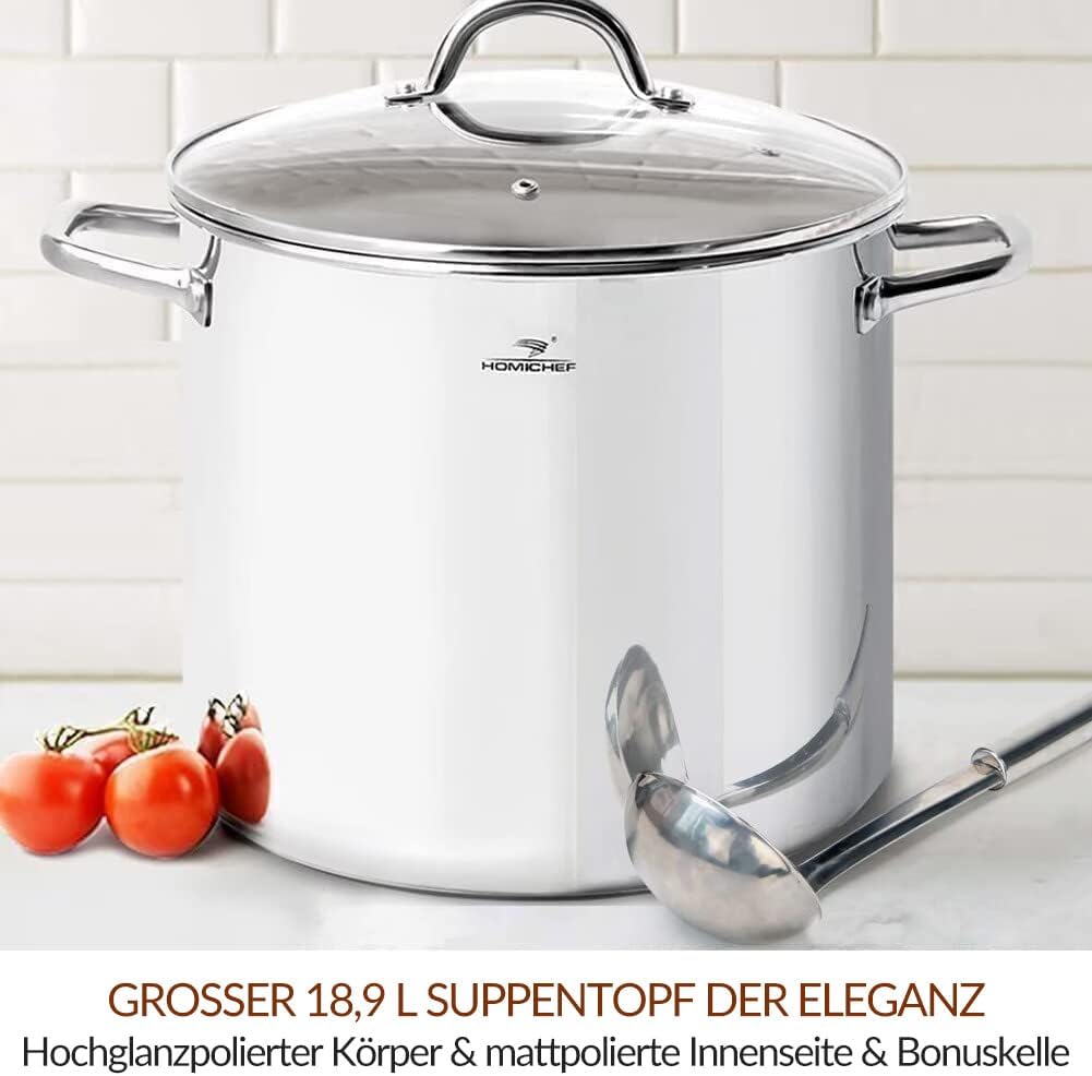 HOMICHEF Grosser Suppentopf aus nickelfreiem Edelstahl mit Deckel (31 cm, 18,9 L) – Hochglanzpoliert