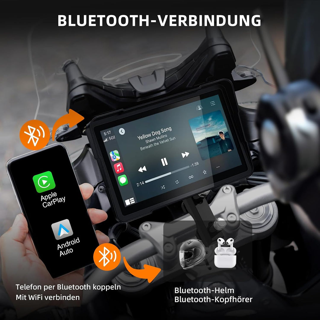 7 Zoll Motorrad Display mit Wireless CarPlay & Android Auto, 1000 Nits Helles Motorrad Navi Touchscr