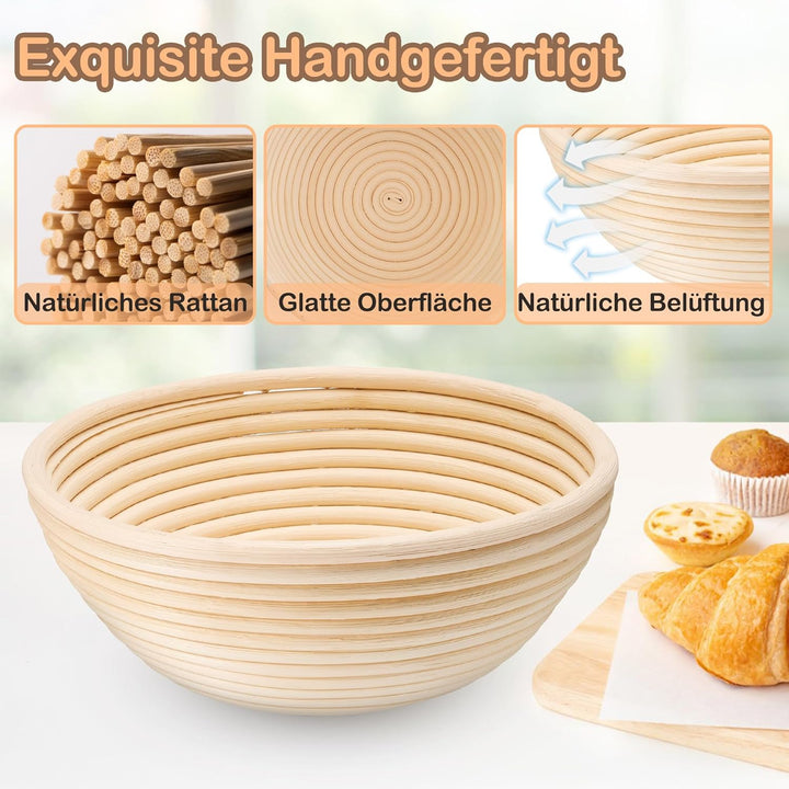 HaWare Gärkörbchen, 23cm Gärkorb Rund Brot Set mit Futter, Bäckermesser, Teigschaber und Backpinsel,