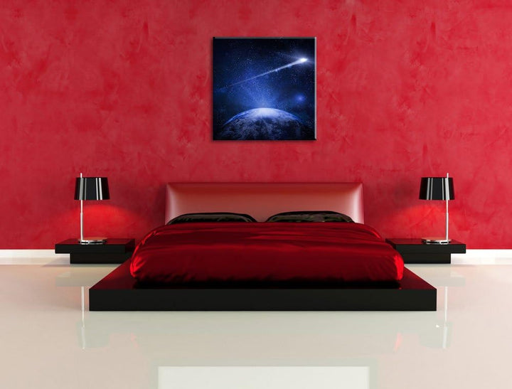 Pixxprint Sternschnuppe fliegt über den Planeten Erde, Format: 70x70 auf Leinwand, 70x70