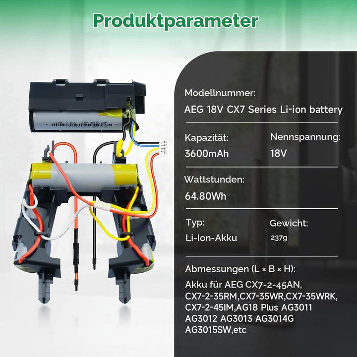 18V/3600mAh Akku für Electrolux AEG CX7, Kompatibel mit AEG CX7-2-45AN,CX7-2-45MÖ,CX7-2-35RM,CX7-35W