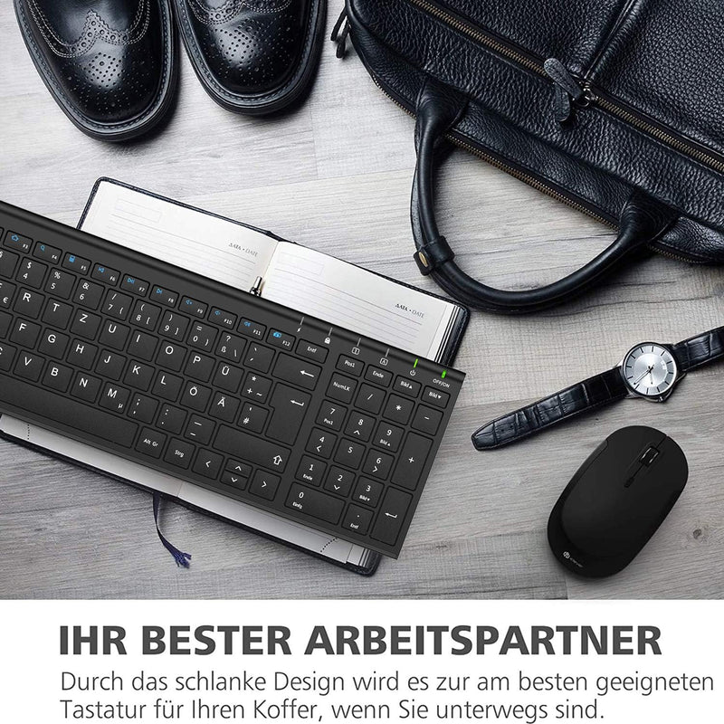 iClever 2.4G Tastatur Maus Set Kabellos, Aluminium Wireless Slim Tastatur QWERTZ Layout (Deutsch), f