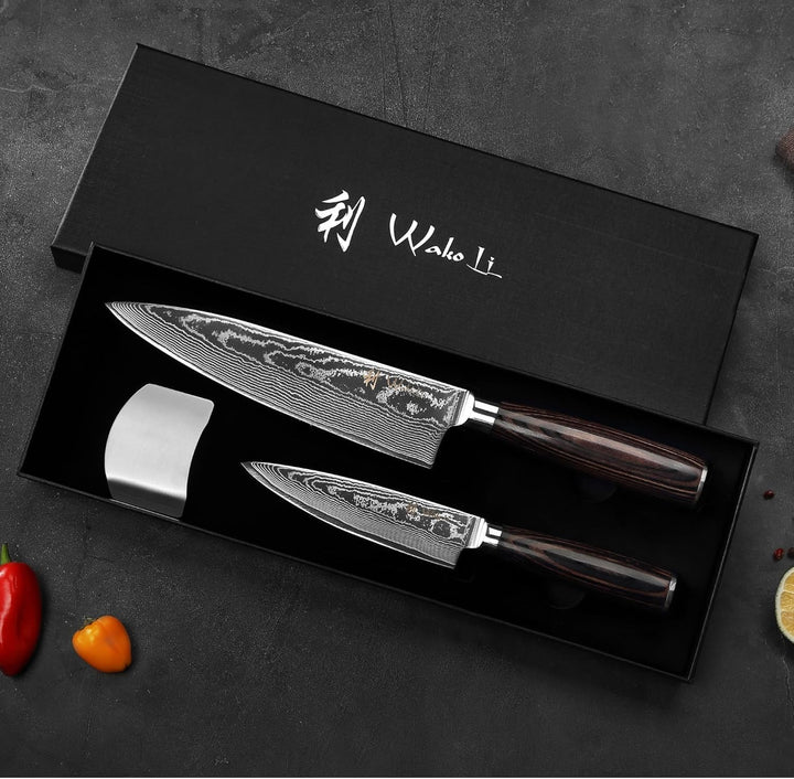 Wakoli EDIB Essentials Santoku Messer Küchenmesser Set (2-teilig) 30 & 24 cm Damastmesser aus 67 Lag