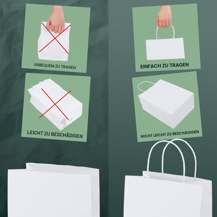 Switory 50 Stück Kraft Papiertüte mit Griffen, weisse Papiertüten mit Henkel, Geschenktüten für Part