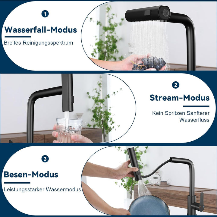 Wasserhahn Küche Küchenarmatur Schwarz - Waterfall Spültischarmatur Ausziehbar mit Brause Mischbatte