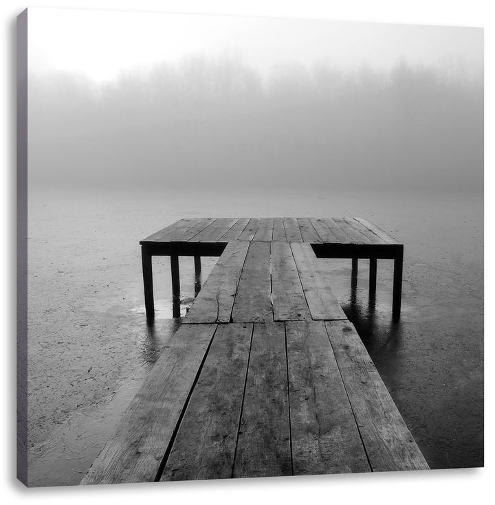 Steg am See Nebel, Format: 70x70 auf Leinwand, XXL riesige Bilder fertig gerahmt mit Keilrahmen, Kun