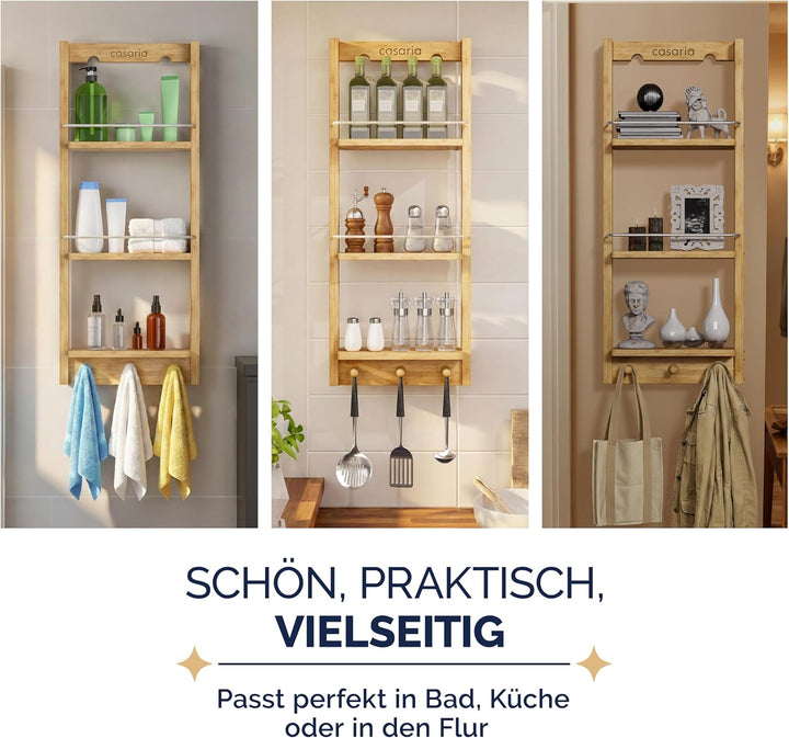 Casaria® Duschregal Zum Hängen 3 Ablagen 3 Haken 70x29x10cm Duschablage Hängend Badregal Bambus Holz