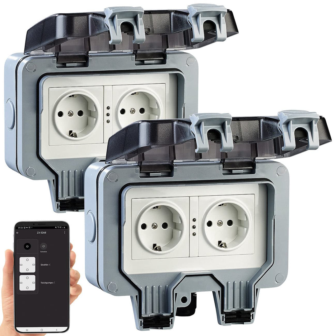 Luminea Home Control WLAN Aussensteckdose: 2er-Set Outdoor-WLAN-Doppelsteckdosen, Sprachbefehl, Stro