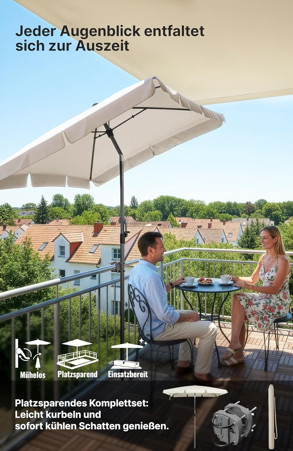4smile Sonnenschirm Balkon mit Halterung im 3-er-Set, Sonnenschirm rechteckig 200x125 cm, Balkonschi