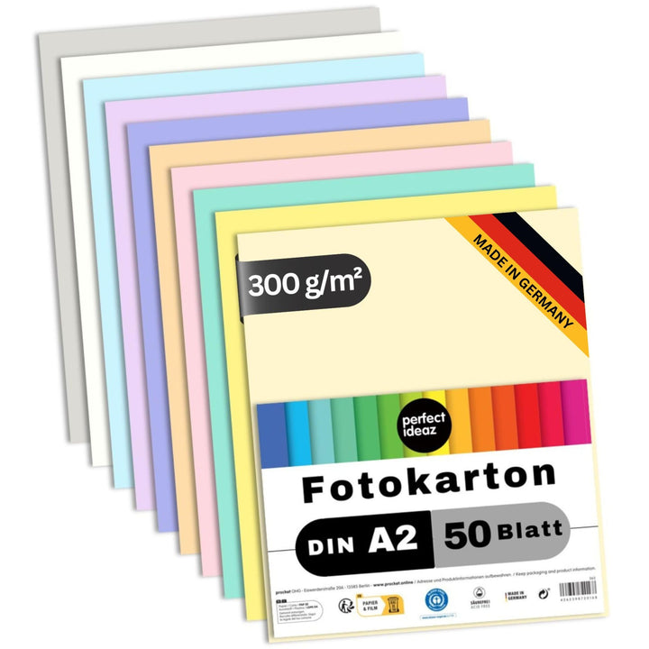 perfect ideaz • 50 Blatt Fotokarton DIN-A2, 10 Farben, stabiler recycling Karton 300 g/m², Made in G