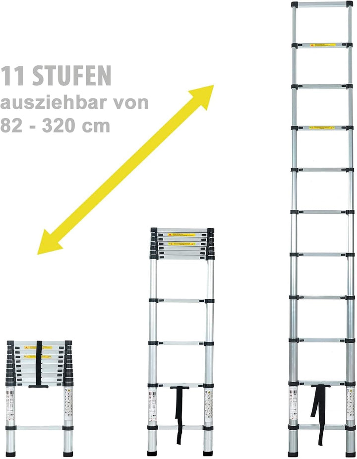 Eaxus® Teleskopleiter 3,2 m | DIN EN 131 | Aluminium Mehrzweckleiter | Ausziehbar mit 11 Stufen | Si