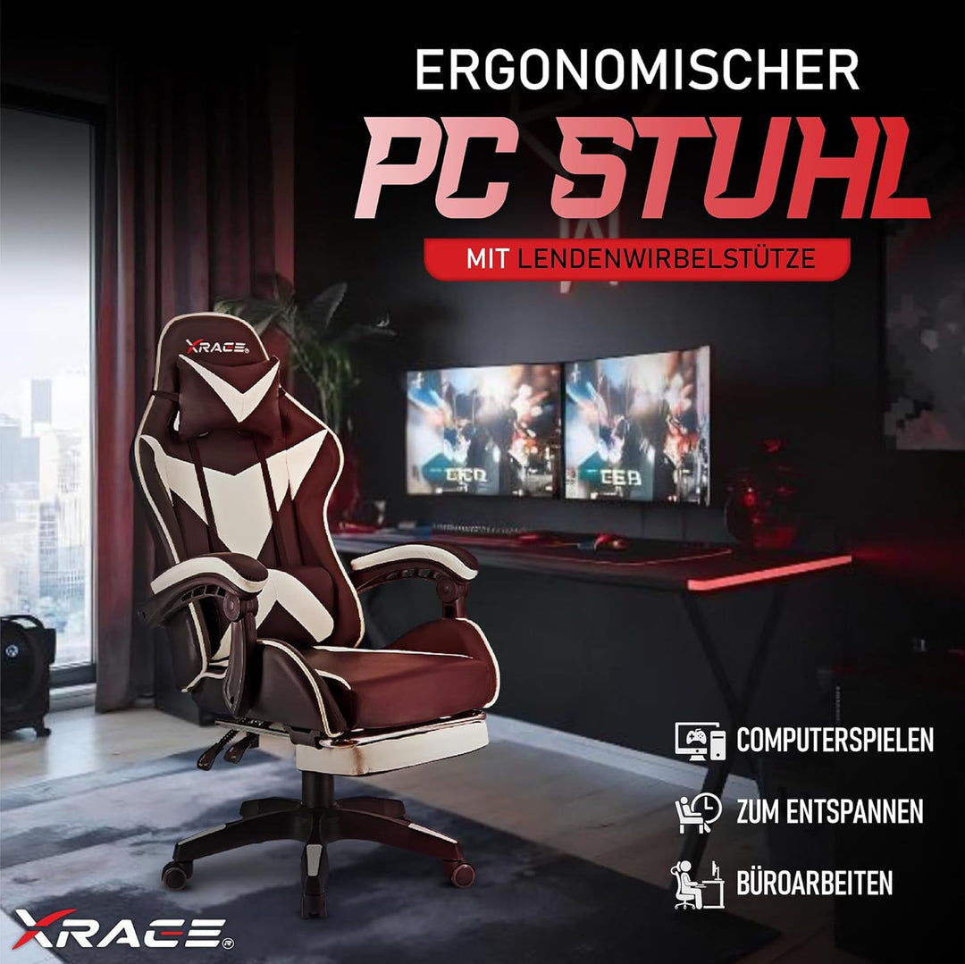 xRace Gaming-Stuhl Hoher Drehstuhl aus Leder mit Lendenwirbelstütze, Kopfstütze und Fussstütze, vers