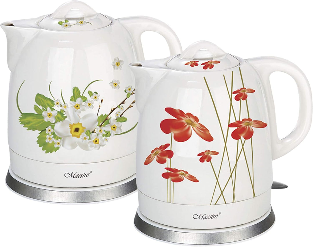 Maestro MR066 Elektrischer Keramikkessel Wasserkocher Keramik Blumendesign 1,5L (Weiss/rot)