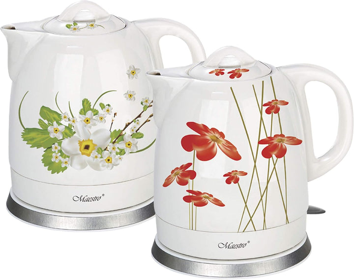 Maestro MR066 Elektrischer Keramikkessel Wasserkocher Keramik Blumendesign 1,5L (Weiss/rot)