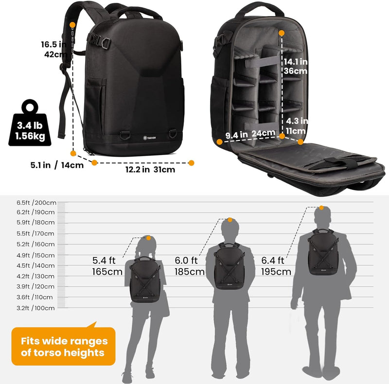 TARION Kamerarucksack, Fotorucksack mit Hartschale, Kameratasche mit 14,5-Zoll-Laptopfach und Regens