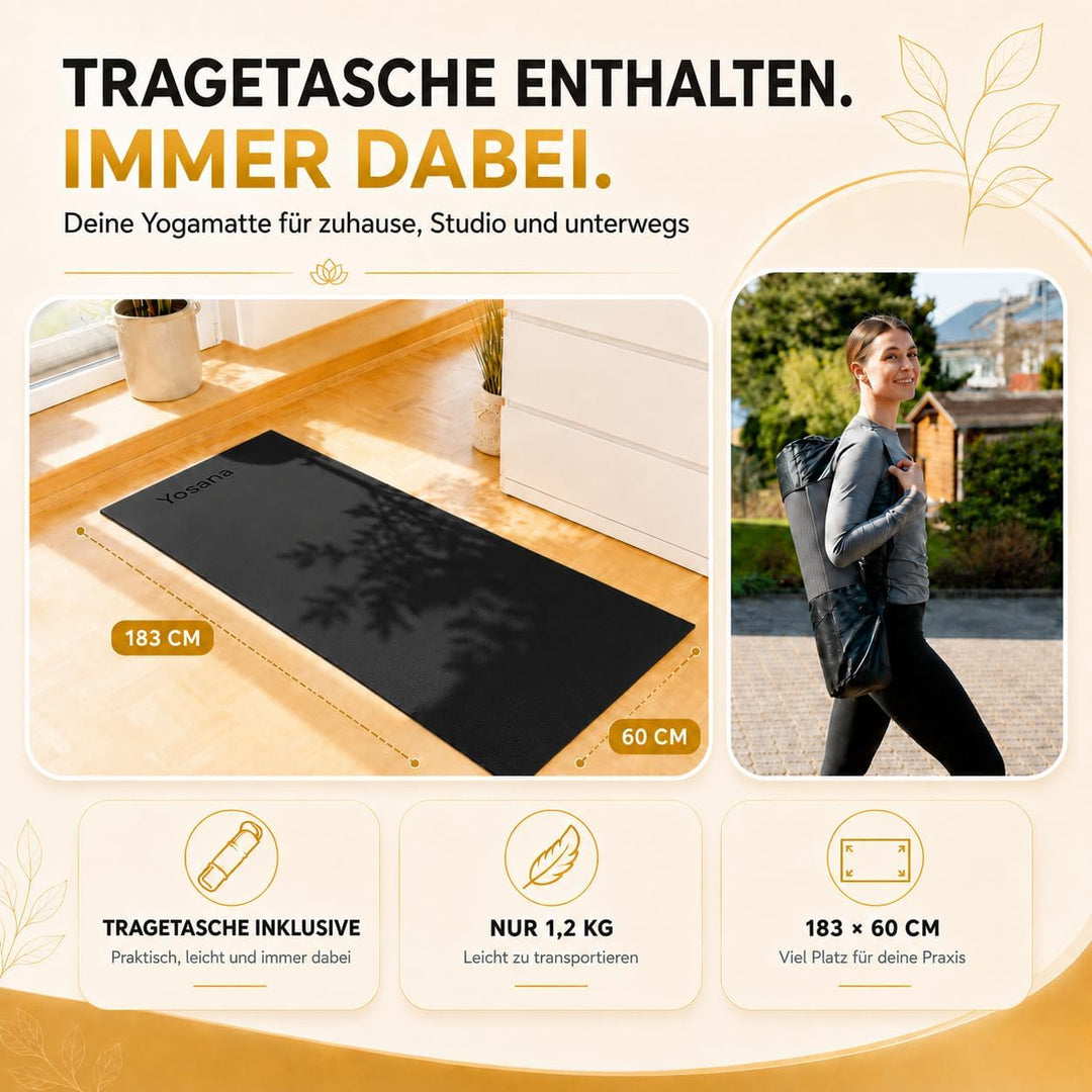 Yogamatte inkl. Tragetasche &amp; Video Kurs I Yoga Matte rutschfest I weiche Gymnastikmatte I Sportmatt