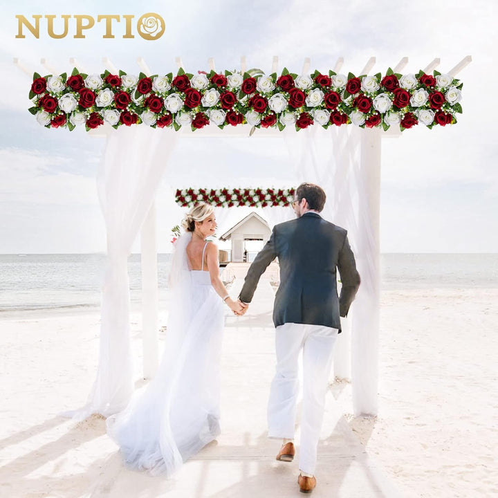 NUPTIO Kunstblumen Mittelstücke für Tische 2 Stück Karminrot Weisse Blumen 50cm Lang Gefälschte Seid