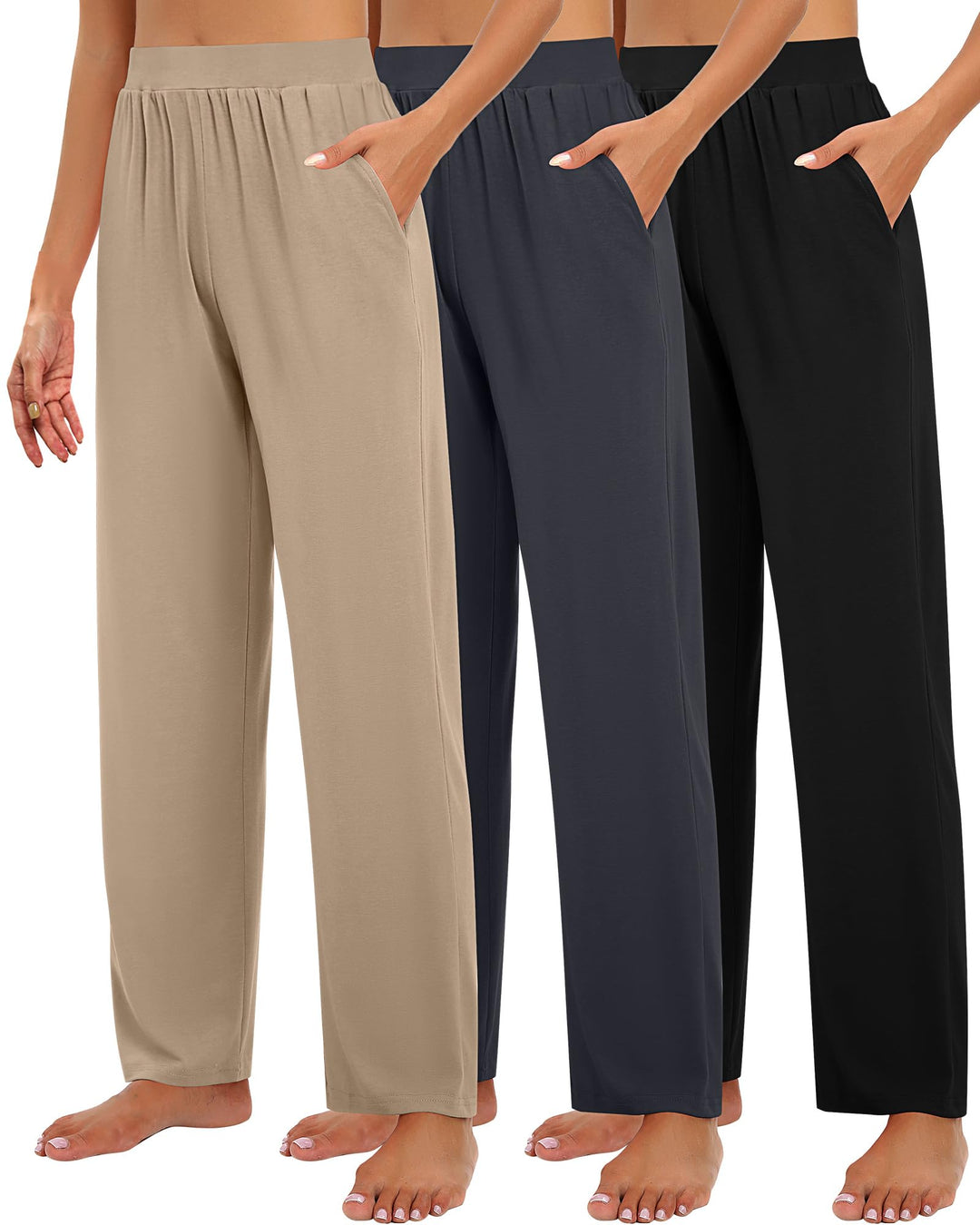 Huukeay 3er-Pack Damen-Lounge-Hose, gemütlich, weites Bein, Loungehose mit Taschen, locker fliessend