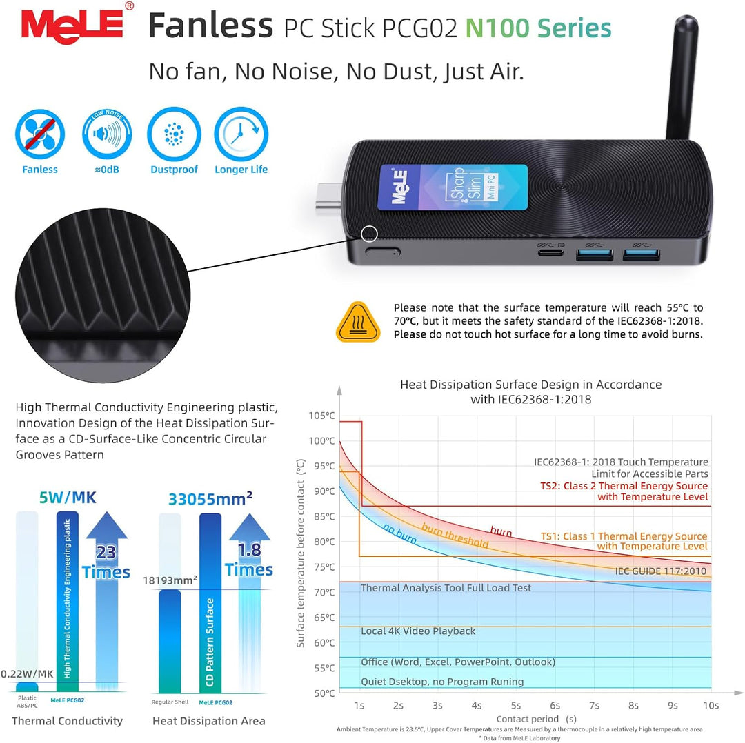 MeLE PCG02 Lüfterloser Mini PC Stick Alder Lake N100(bis zu 3.4GHz) 8GB LPDDR4 128GB ROM Mikro-Deskt