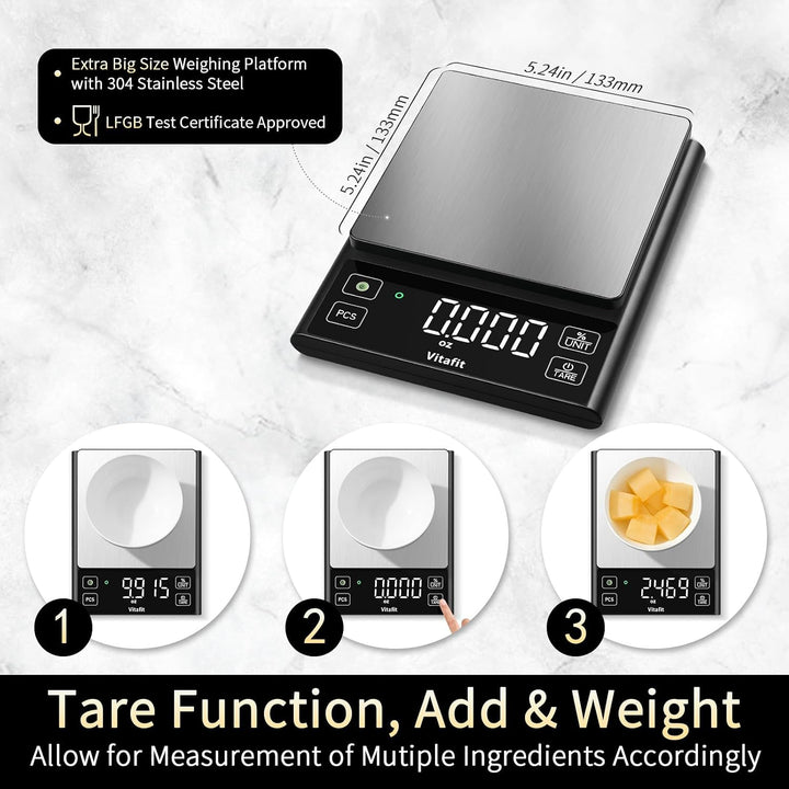 Vitafit 5kg Küchenwaage Digital, Hohe Genauigkeit 0.1g durch Unser Professionelle Fabrik Seit 2001,