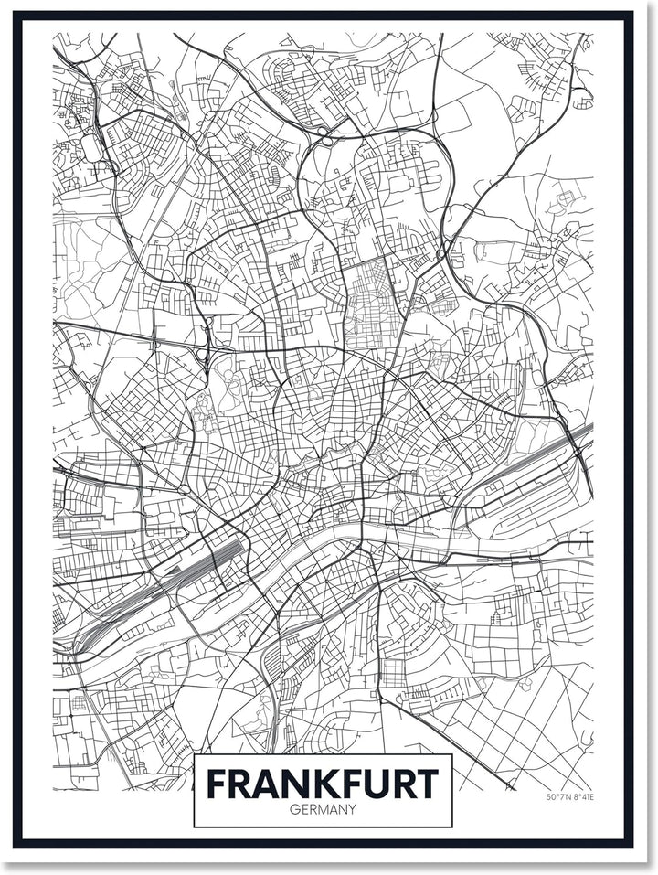 wandmotiv24 Stadt Karte als Leinwandbild, 60x45cm, Hochformat, Frankfurt, Deutschland, Plan, Strasse
