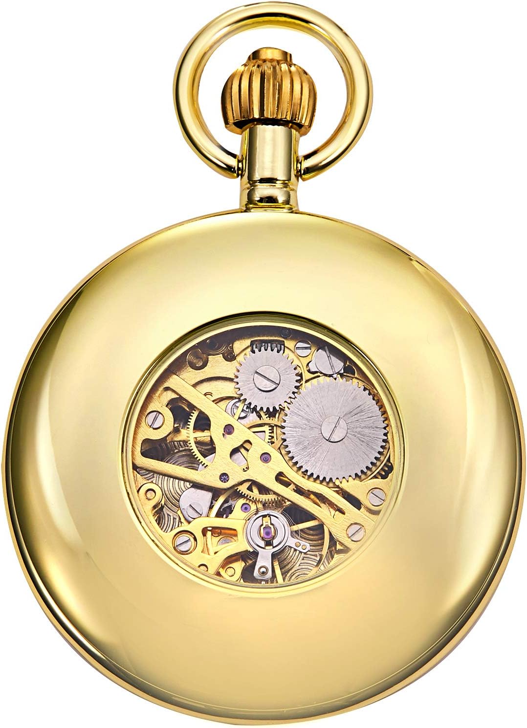 TREEWETO Unisex Taschenuhr mit Kette Analog Handaufzug Skelett Hochglanz Poliert Gold