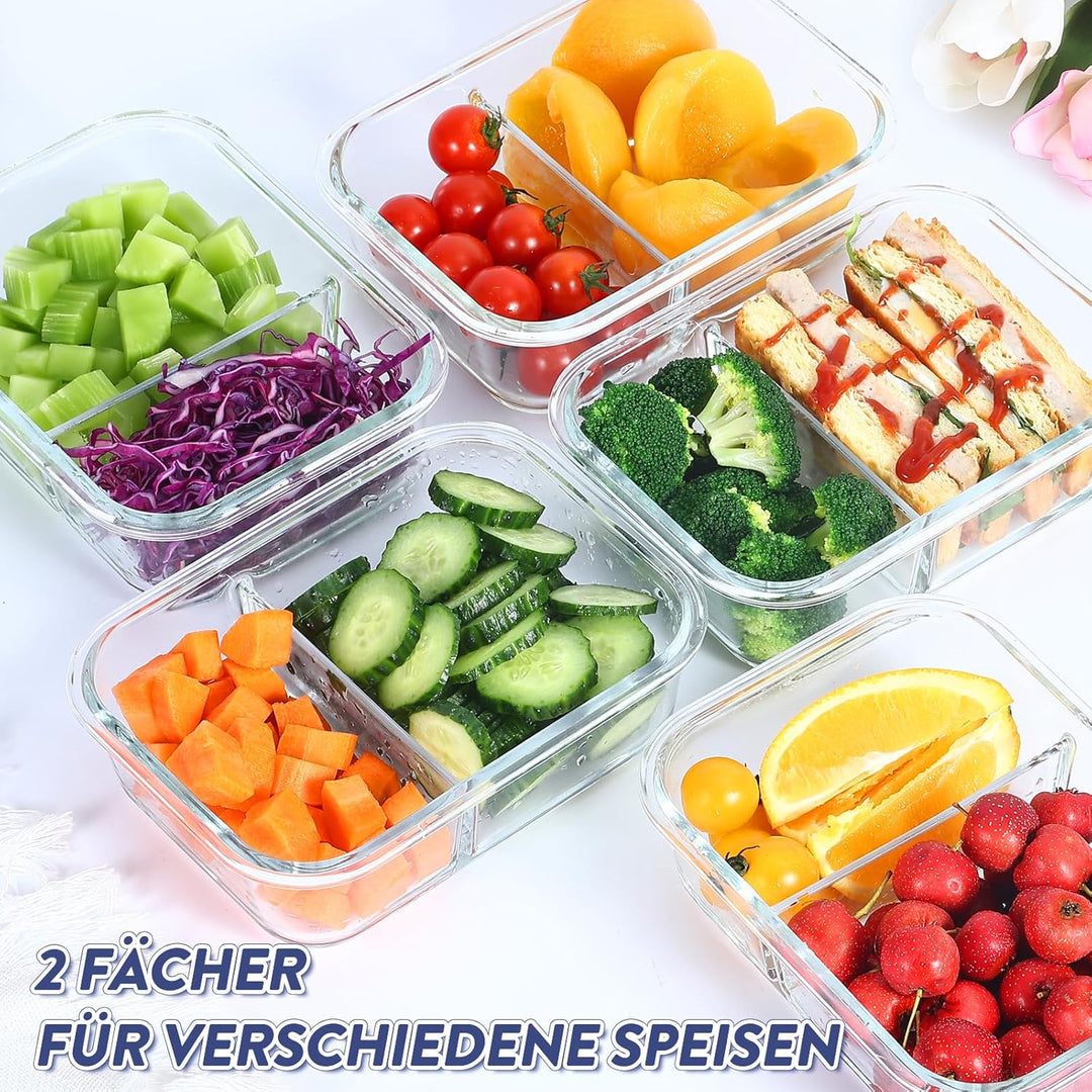 Glasbehälter mit Deckel Meal Prep Boxen Glas 2 Fächer (5Stück, 1040ml) Meal Prep Boxen Glas mit Tren