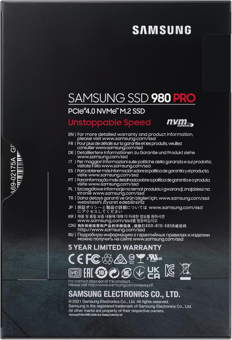 Samsung 980 PRO NVMe M.2 SSD, 2 TB, PCIe 4.0, 7.000 MB/s Lesen, 5.000 MB/s Schreiben, Interne SSD fü