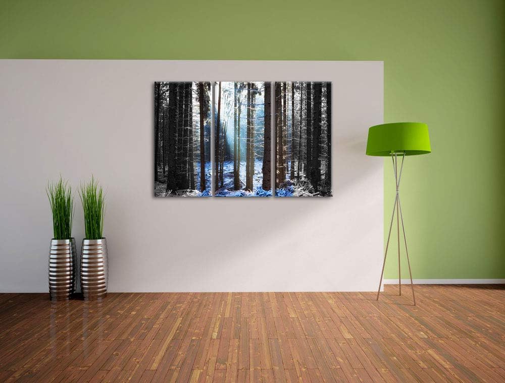 Pixxprint Sonne Winterwald als Leinwandbild | Grösse: 3 Teilig (120x80) | Wandbild| Kunstdruck | fer