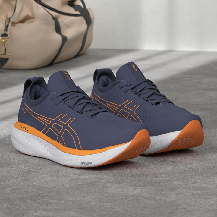 ASICS Nimbus 25 Strassenlaufschuhe für Männer Schwarz Silber 41.5 EU Deep Ocean Bright Orange, 41.5