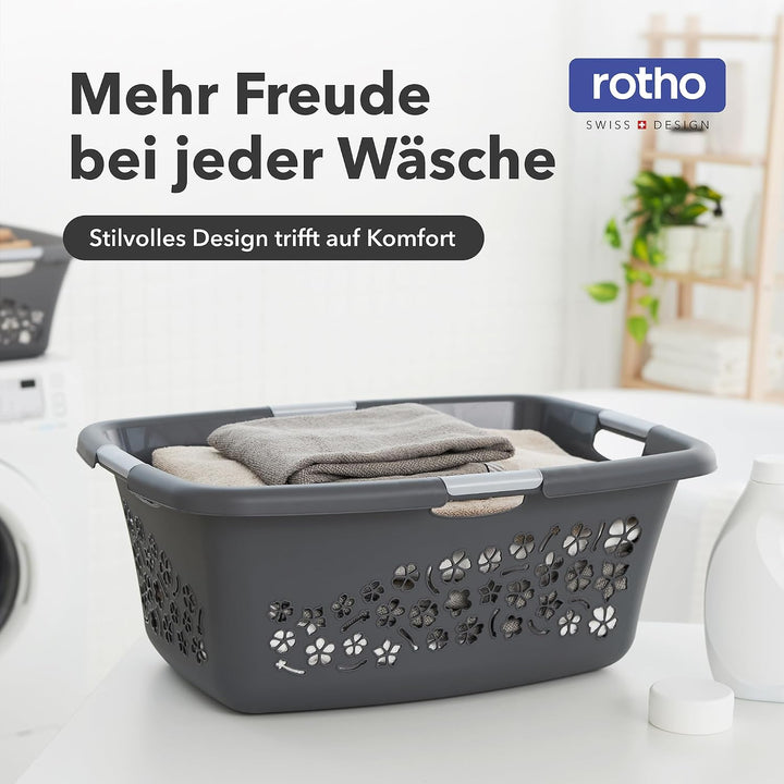 Rotho 3er-Set Wäschekorb Flowers 50l, Kunststoff (PP) BPA-frei, anthrazit, 3x50l, (65,1 x 49 x 26,2