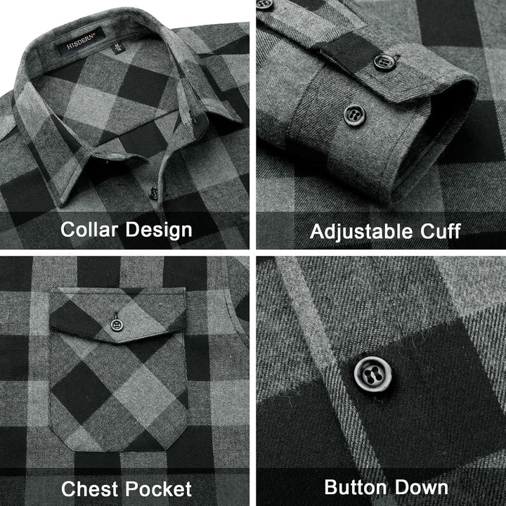 HISDERN Flanellhemd Herren Karierte Hemden Herren Langarm Button Down Baumwolle Holzfällerhemd Regul