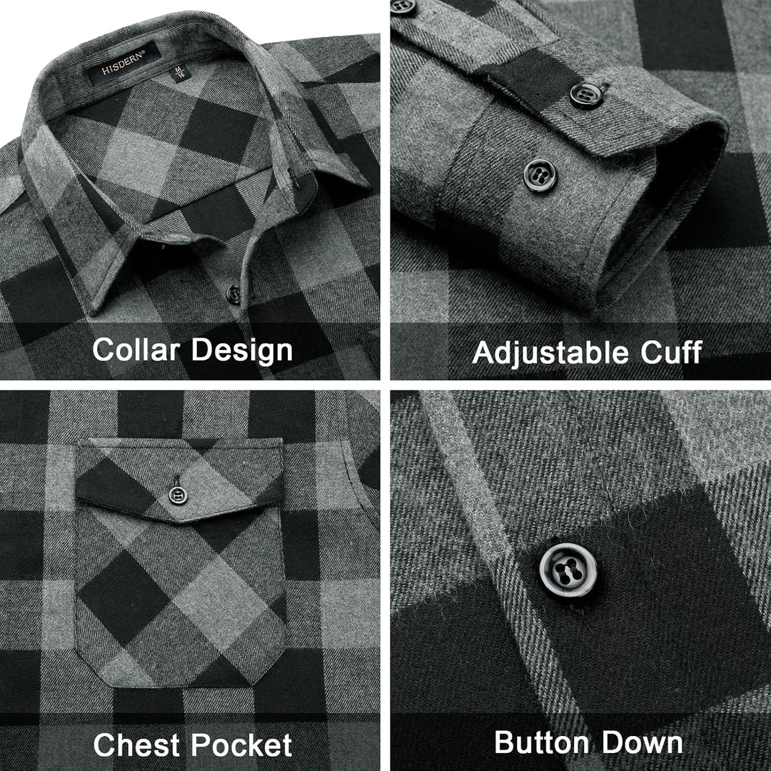 HISDERN Flanellhemd Herren Karierte Hemden Herren Langarm Button Down Baumwolle Holzfällerhemd Regul