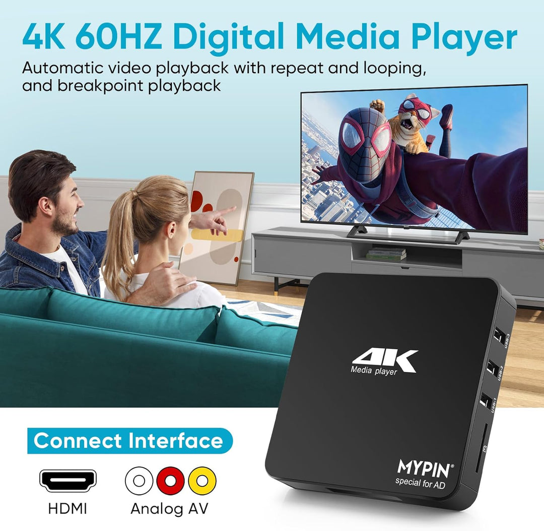 MYPIN 4K@60hz MP4 Media Player Unterstützt 8TB HDD/256G USB-Laufwerk/SD-Karte mit HDMI/AV-Ausgang fü