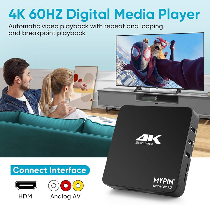 MYPIN 4K@60hz MP4 Media Player Unterstützt 8TB HDD/256G USB-Laufwerk/SD-Karte mit HDMI/AV-Ausgang fü