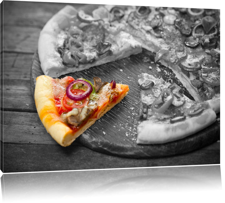 geschnittene Pizza auf Holzbrett schwarz/weiss Format: 100x70 auf Leinwand, XXL riesige Bilder ferti
