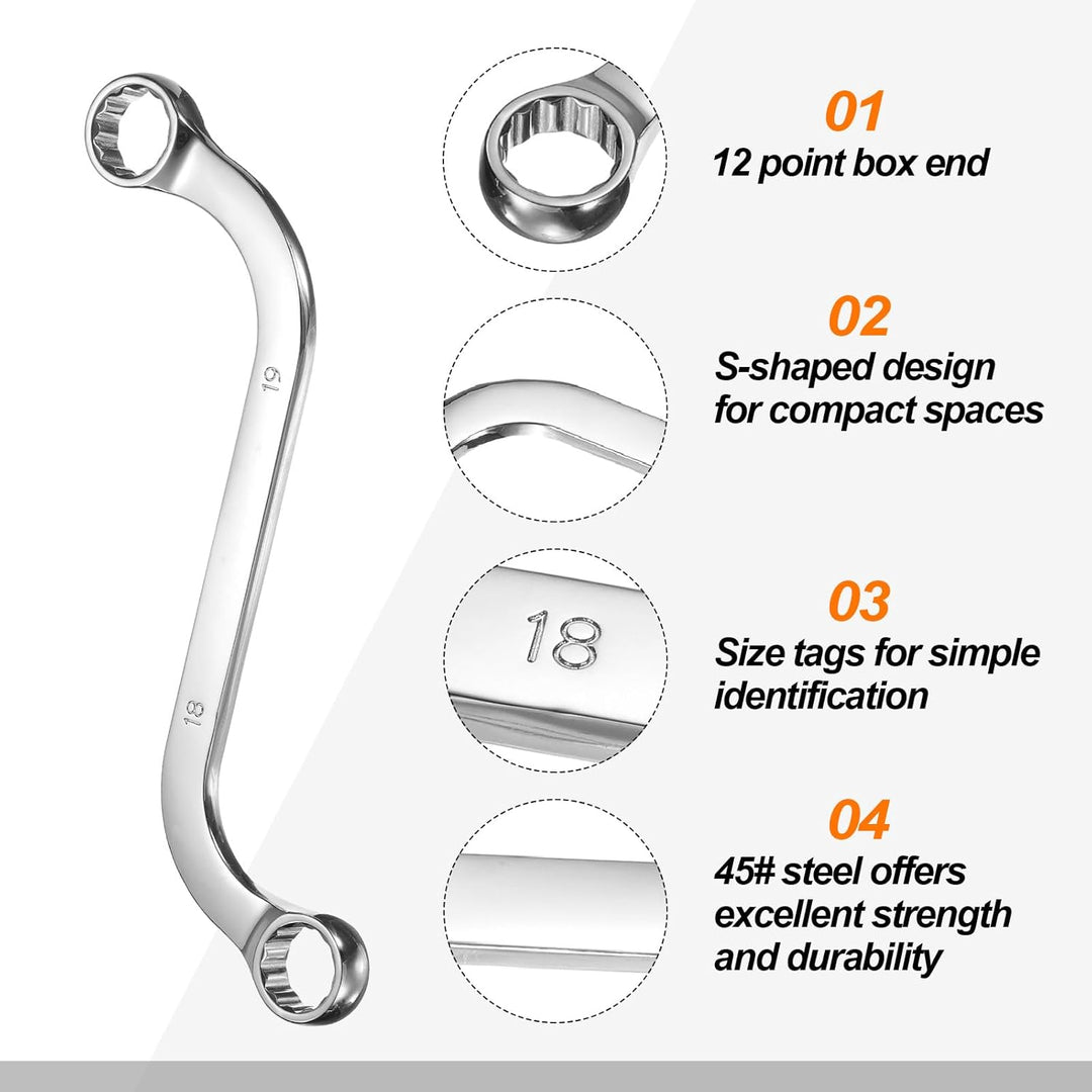 QUARKZMAN 2 Stück 18mm x 19mm Doppel Ringschlüssel Metrischer 12-Punkt S-Form Verchromt 45# Stahl Sc