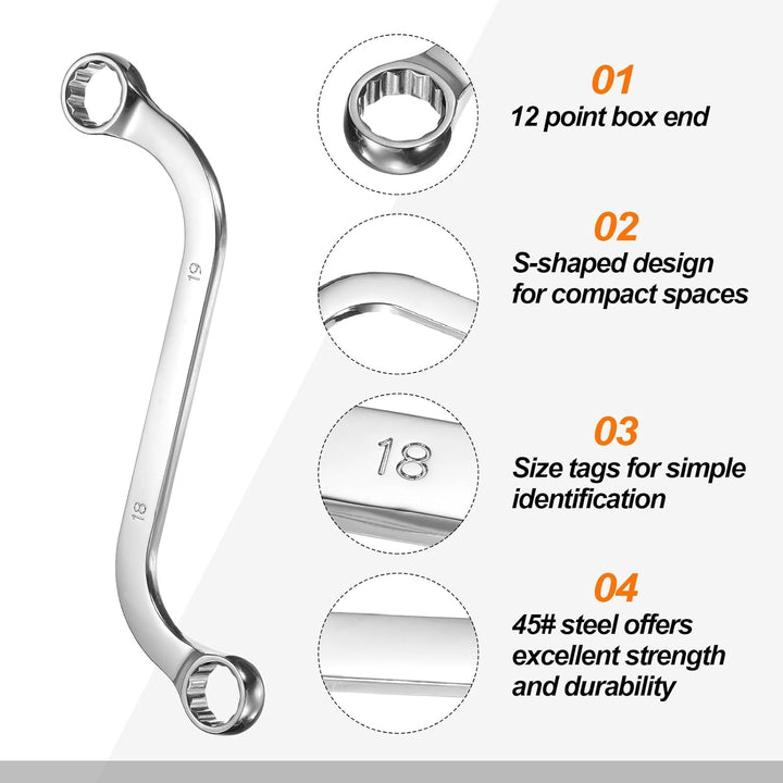 QUARKZMAN 2 Stück 18mm x 19mm Doppel Ringschlüssel Metrischer 12-Punkt S-Form Verchromt 45# Stahl Sc
