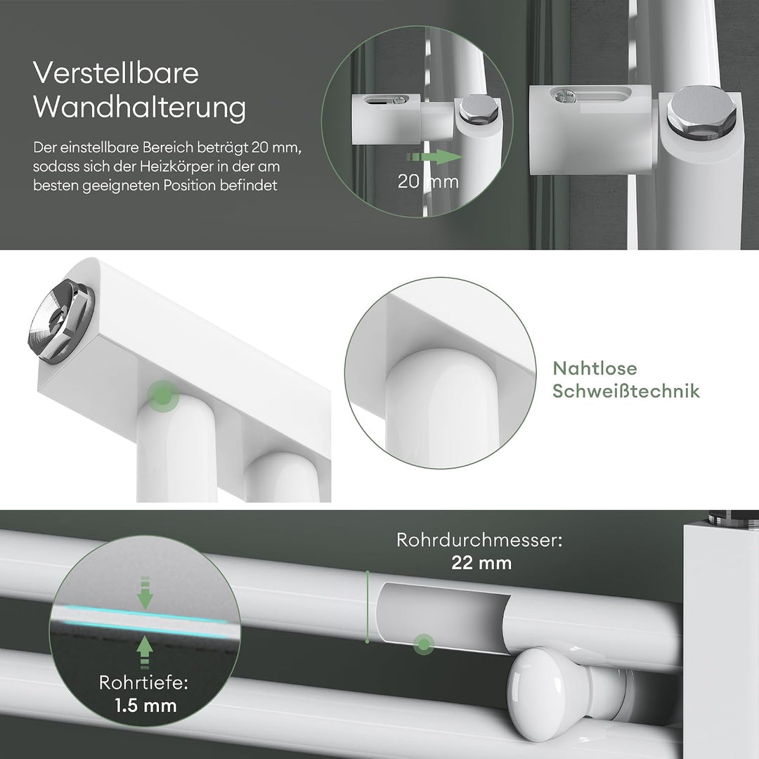 Mai &amp; Mai Badheizkörper Badheizung Heizkörper Bad 50x160cm Weiss | Handtuchheizkörper für Bad, Seite