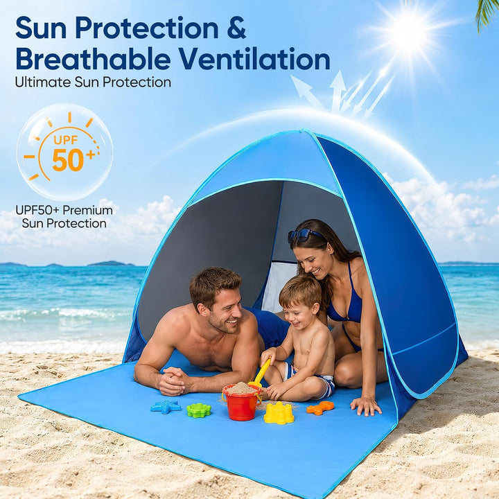 Strandmuschel Pop Up 3-4 Personen, 1 Sekunde Automatisches Wurfzelt Strandzelt mit 46cm Verlängerung