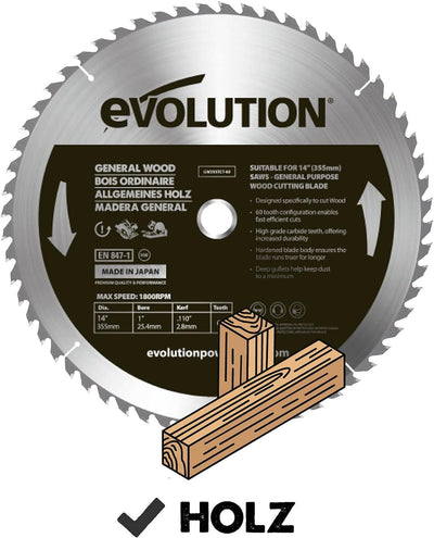 Evolution GW355TCT-60 - 355-mm-Holzsägeblatt – Hartmetallbestückte 60-Zahn-Konfiguration ermöglicht