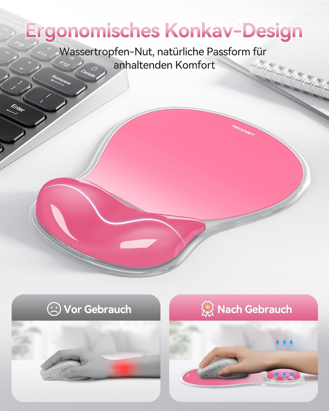 TECKNET Mauspad mit Gel-Handgelenkauflage, Ergonomische Tropfenförmige Vertiefung, Passt & Weich, Wa