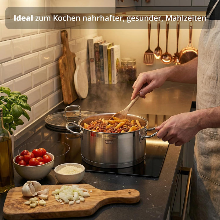 KHG Topf Kochtopf Fleischtopf 20 cm Induktion, Edelstahl unbeschichtet inkl. Glasdeckel | 11,5 cm ho